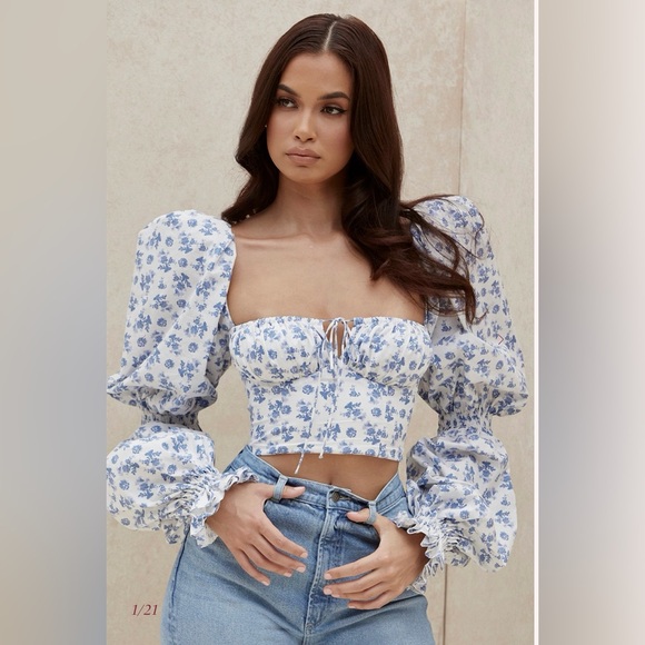 House of CB Tops - House of CB | EUC Blue Print Cropped Corset Top | Sz XS